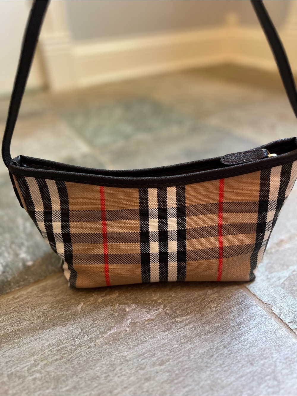 Small Burberry Highlands Bag in Tan, Black & Red Accents - Picture 7 of 14
